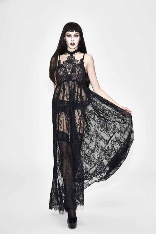 Black Mysterious Night Transparent Lace High Waist Sexy Halter Long Gothic Womens Dress