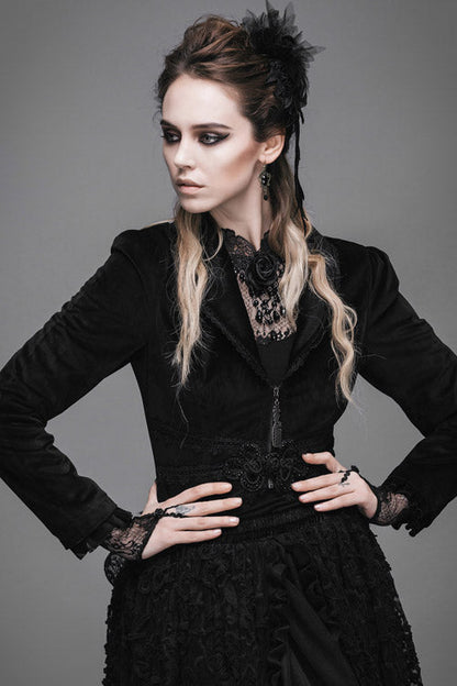 Black Lace Waist Woollen Womens Velvet Short Gothic Jacket With Tail