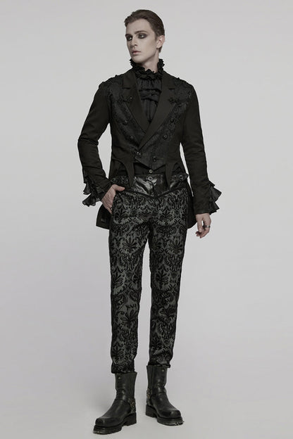 Black Lapel Collar Long Sleeves Frog Jacquard Embroidery Men's Gothic Coat