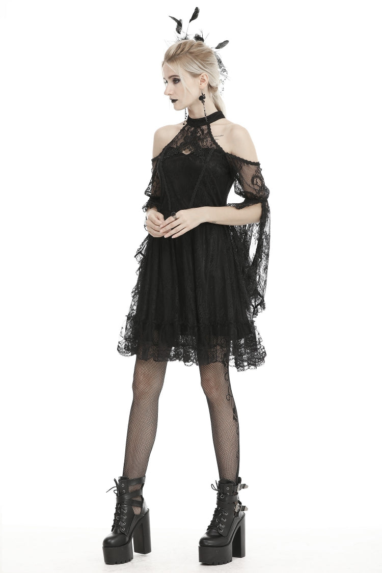 Black Off Shoulder Halterneck Long Sleeves Lace Women's Gothic Dress