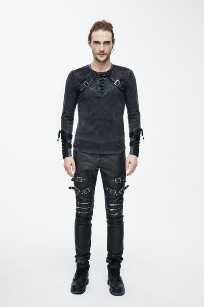 Black Faded Long Sleeves Lace Up Mens Punk T-Shirt