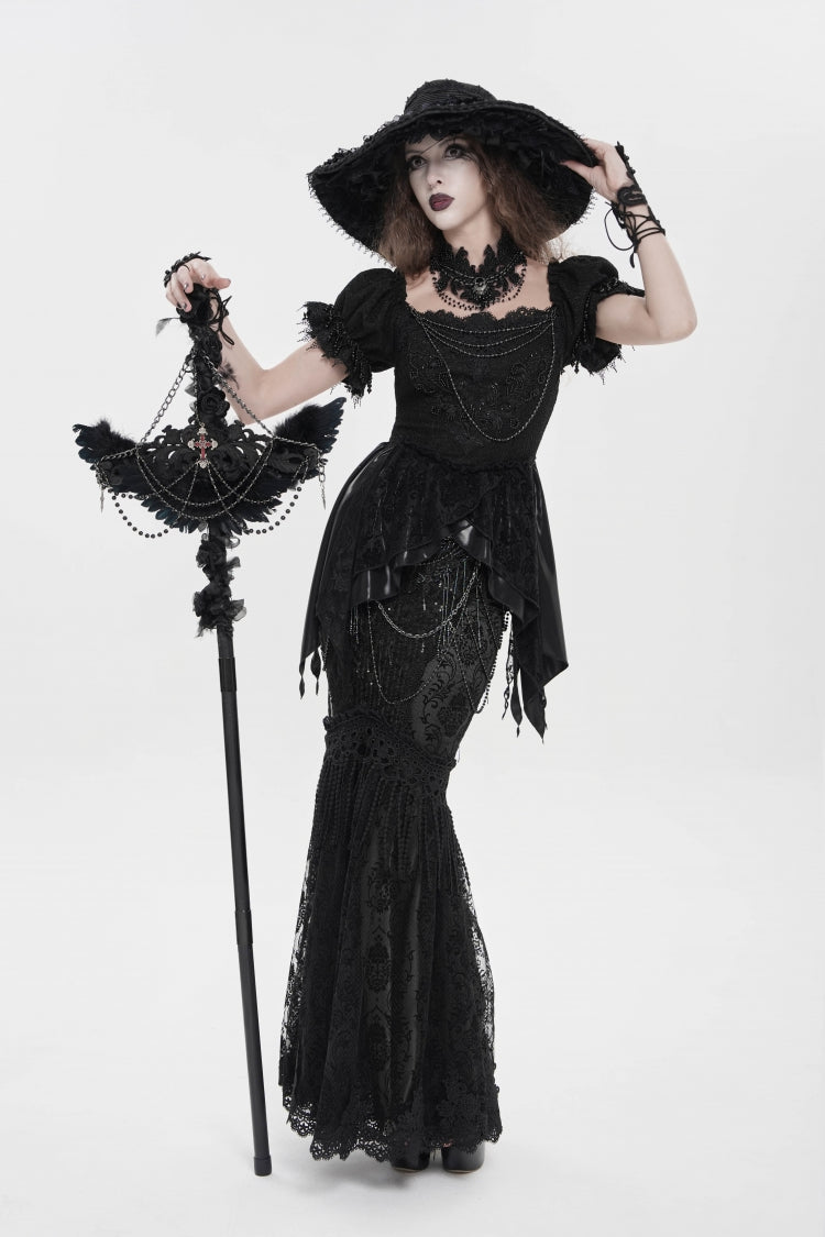 Black Double-Layered Embroidered Lace Slim Pearl-Decorated Women's Gothic Skirt