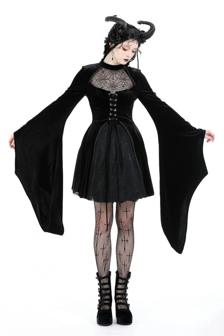 Black Long Trumpet Sleeves Spliced Lace-Up Spider Mesh Women's Gothic Velvet Wedding Dress