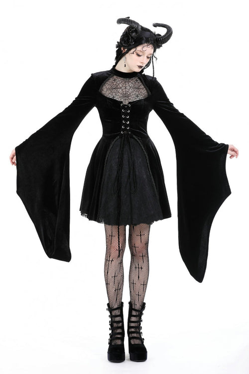 Black Long Trumpet Sleeves Spliced Lace-Up Spider Mesh Women's Gothic Velvet Wedding Dress