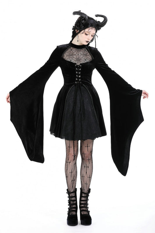 Black Long Trumpet Sleeves Spliced Lace-Up Spider Mesh Women's Gothic Velvet Wedding Dress