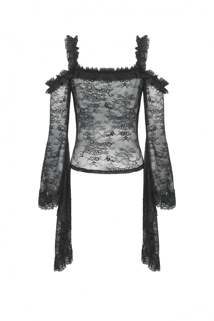 Black Off Shoulder Long Flare Sleeves Lace Women's Gothic Romantic Top