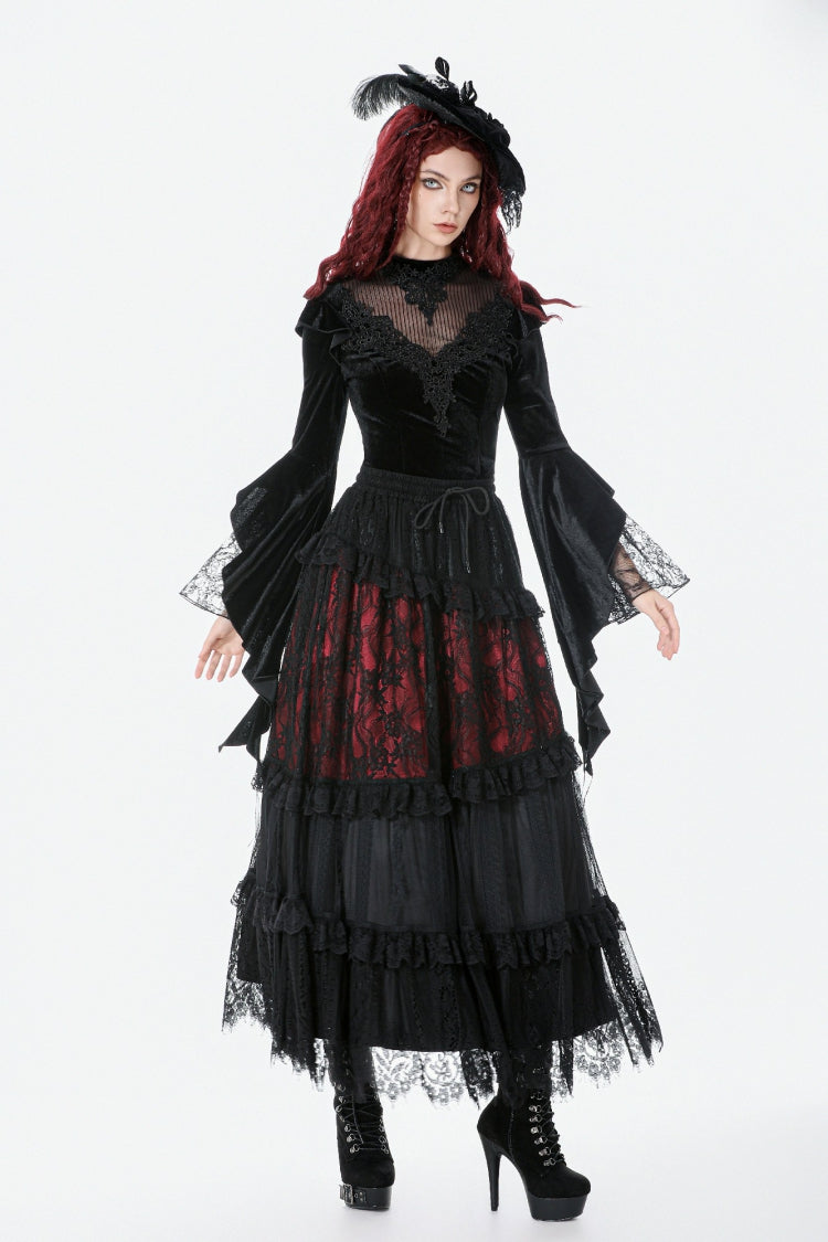 Black Multi-Layered Long Flare Sleeves Embroidered Sheer Mesh Splice Velvet Women's Gothic Top