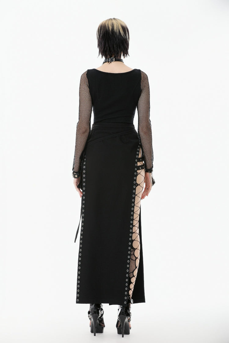 Black Mesh Spliced Long Sleeves Buckled Strap Eyelet Women's Punk Top