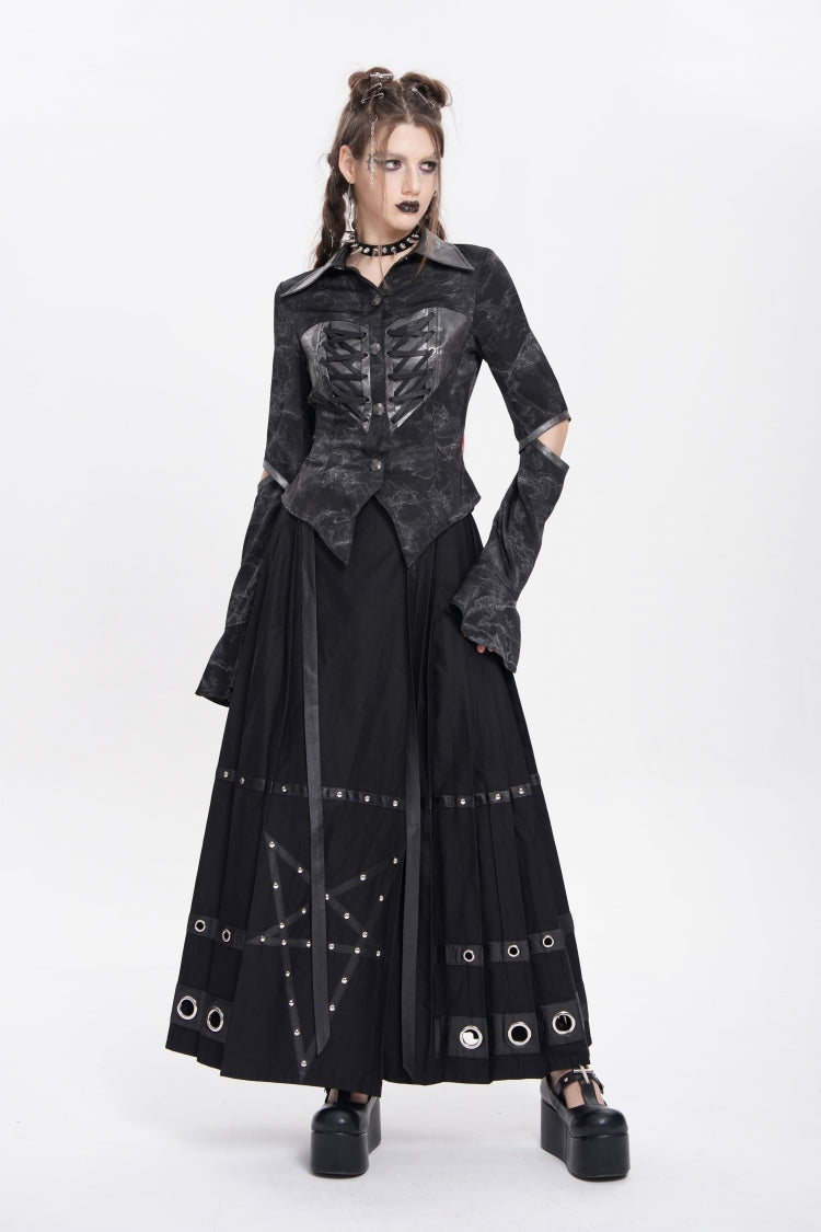 Black Lapel Collar Long Sleeves Print Lace-Up Cutout Women's Punk Blouse