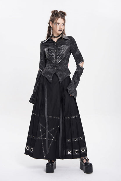 Black Lapel Collar Long Sleeves Print Lace-Up Cutout Women's Punk Blouse