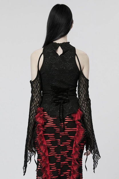 Black Off Shoulder Jacquard Hollow Stitching Lace Womens Gothic T-Shirt