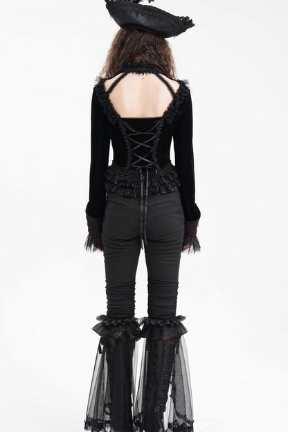 Black Long Sleeves Ruffle Lace-Up Mesh Women's Gothic Blouse