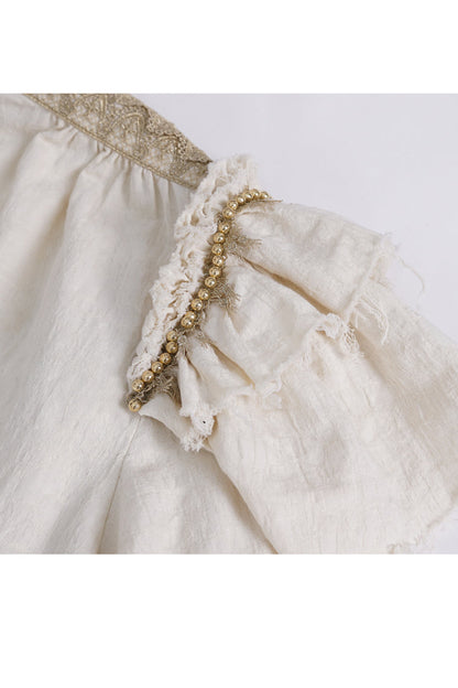 Beige Stand Collar Lantern Sleeves Multi-layer Ruffle Men's Gothic Blouse