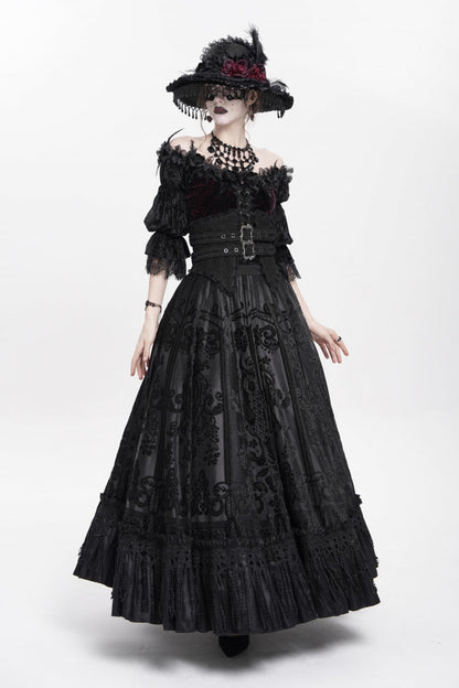 Black Jacquard Embroidery Buckle Tassels Women's Gothic Long Skirt