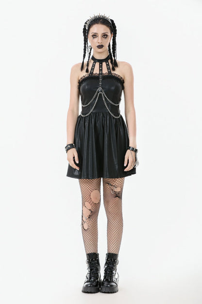 Black Halterneck Zippered Chain-Decorated Eyelet Women's Punk Faux Leather Dress