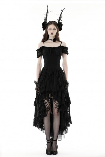 Black Boat Neck Off Shoulder Short Puff Sleeves Ruffled Lace Lace-Up Irregular Women's Gothic Dovetail Dress