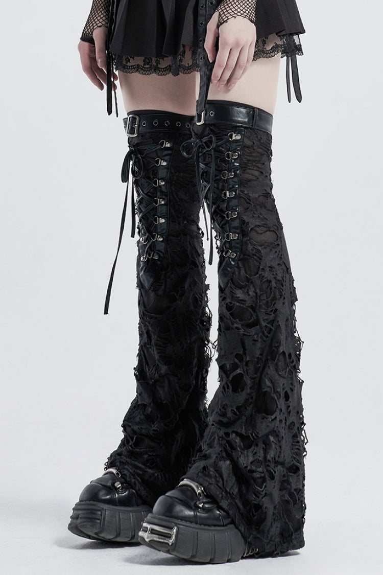 Black Lace-Up Ripped Women's Gothic Leg Warmers