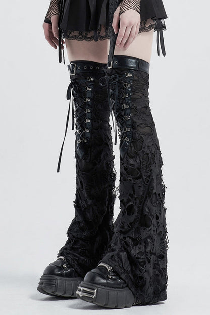 Black Lace-Up Ripped Women's Gothic Leg Warmers