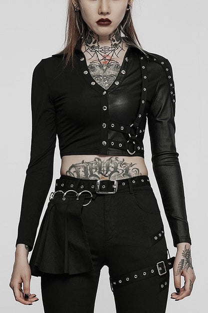 Black Gothic Super Cool Slim Fit Strap Sexy Cropped Pullover Long Sleeve Women's Polo Tee