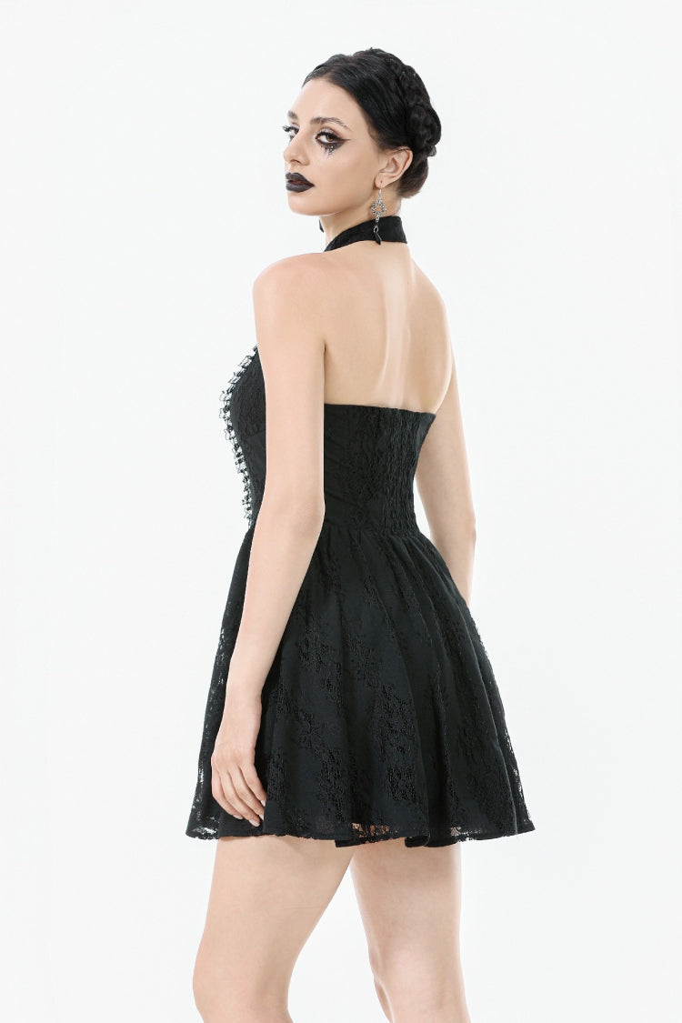 Black Off Shoulder Halterneck Sleeveless Lace Women's Gothic Short Dress