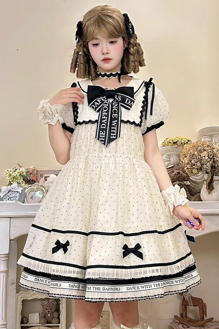 Beige [William Wordsworth’s Lyric Poetry] Doll Collar Polka Dots Printed Lace Sweet Princess Lolita Dress