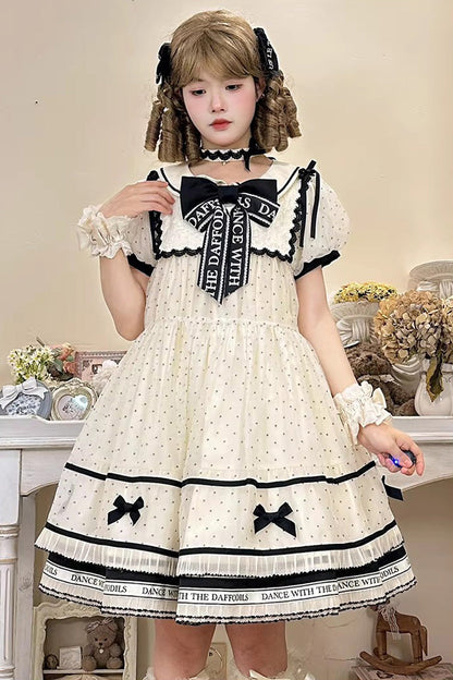 Beige [William Wordsworth’s Lyric Poetry] Doll Collar Polka Dots Printed Lace Sweet Princess Lolita Dress