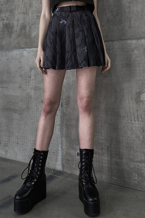 Black Casual Chinese Painting Decorated Pleated Women's Steam Punk Skirt
