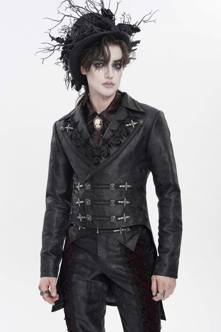 Black Lapel Collar Long Sleeves Lace-Up Slim Men's Gothic Handsome Double-Breasted Jacket