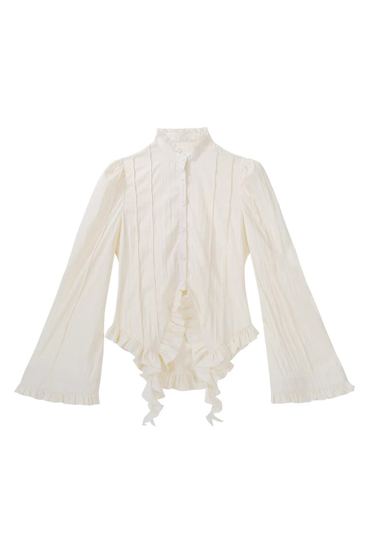 Beige [Morning Mist Coast] Stand Collar Long Sleeves Ruffle Embroidery Vintage Elegant Lolita Skirt Dress Set