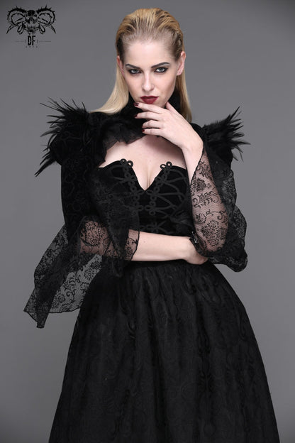 Black High Collar Long Trumpet Sleeves Printed Lace Pleated Women's Vintage Punk Jacket