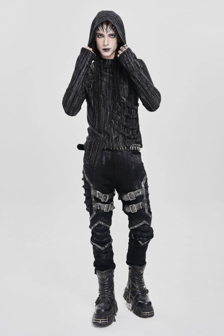 Black Long Sleeves Irregular Hooded Straps Eyelet Men's Punk Blouse