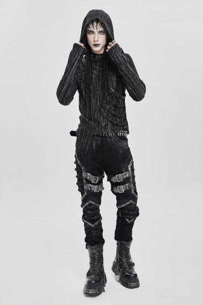 Black Long Sleeves Irregular Hooded Straps Eyelet Men's Punk Blouse