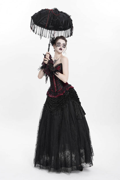 Black Floral Embroidered Beaded Women's Gothic Long Skirt