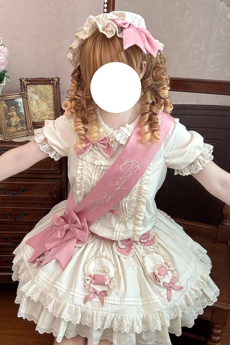 Apricot [Candy Paradise] Doll Collar Short Sleeves Double-Layered Ruffled Bow Sweet Lolita OP Dress