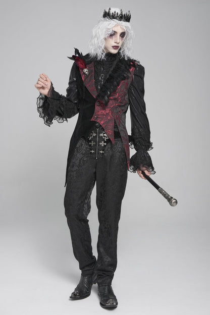 Black Long Sleeves Rose Print Irregular Contrast Color Men's Gothic Vest with Detachable Feather Accessory