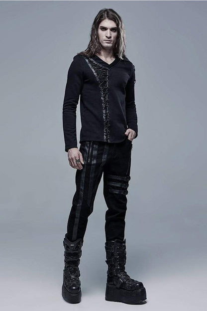 Black Long Sleeve Knit Front Splice Imitation Leather Lace Up Men's Punk T-Shirt