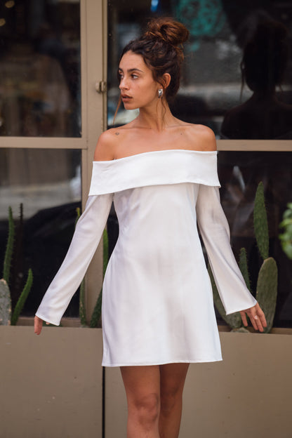 Celia White Off Shoulder Satin Mini Dress