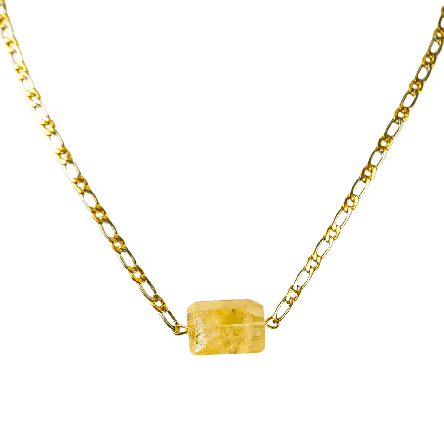 Citrine Barrel with Gold and Silver Figaro Chain Necklace