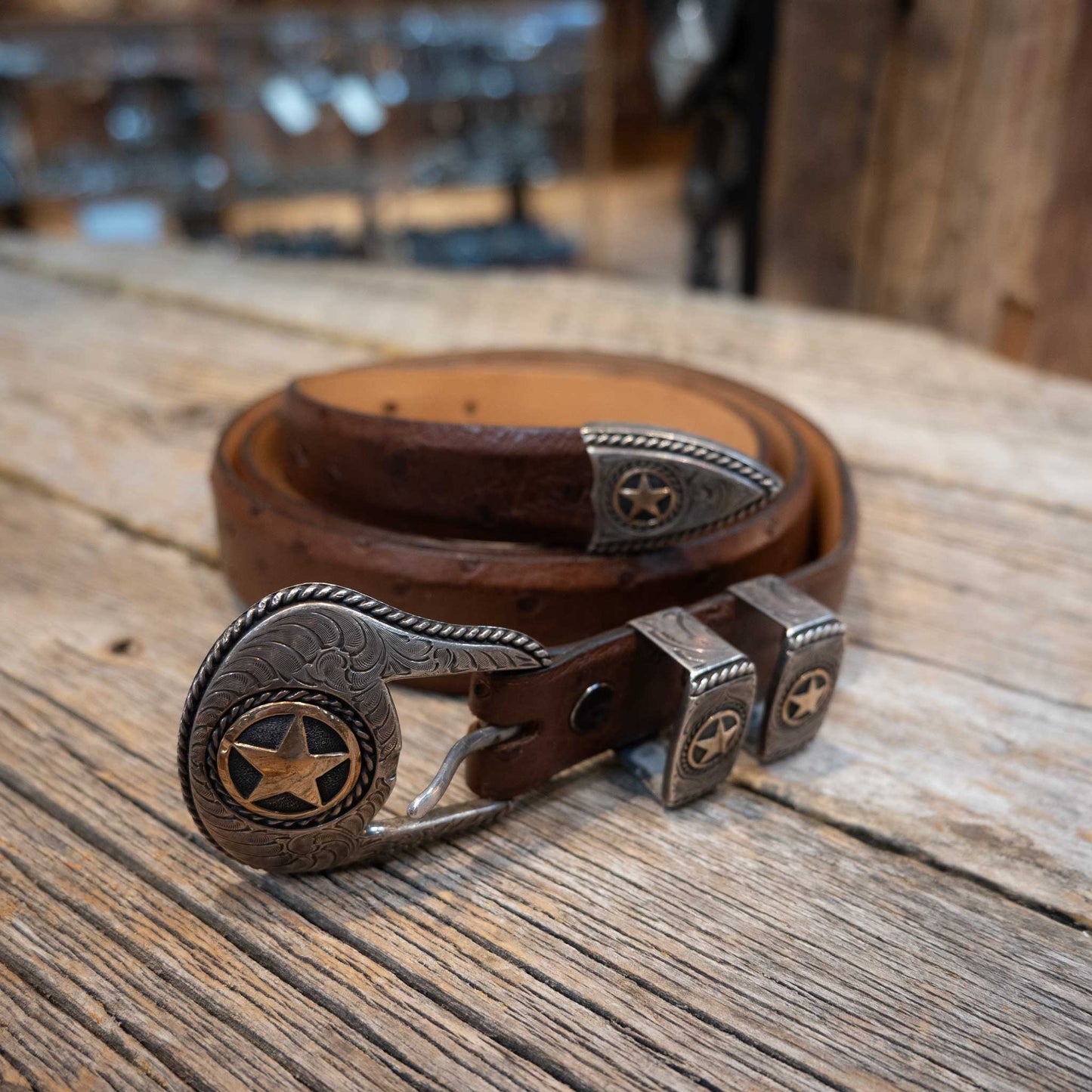 1990's 45" Antique Brown Ostrich Belt w/4pc Sterling Silver Buckle