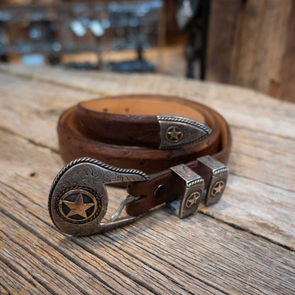 1990's 45" Antique Brown Ostrich Belt w/4pc Sterling Silver Buckle
