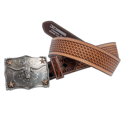 3D Men's Tapered Basketweave Silver Longhorn Buckle Tan Belt