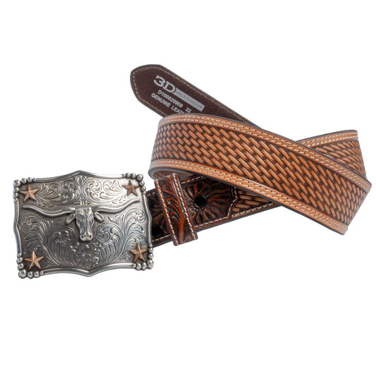 3D Men's Tapered Basketweave Silver Longhorn Buckle Tan Belt