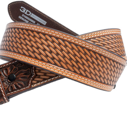 3D Men's Tapered Basketweave Silver Longhorn Buckle Tan Belt