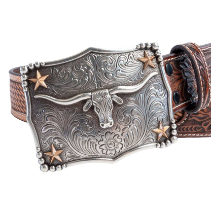 3D Men's Tapered Basketweave Silver Longhorn Buckle Tan Belt