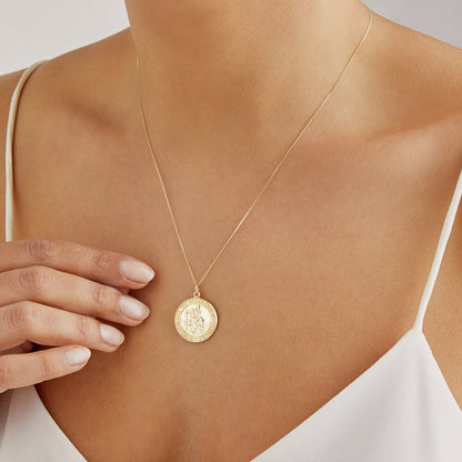 Solid Gold Large Round St Christopher Medallion Necklace