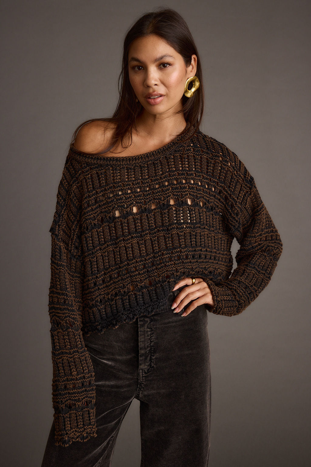 Marley Brown Open Knit Relaxed Sweater