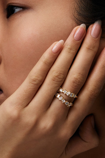 Double Band Scattered Diamond Ring | 18K Yellow Gold, (More Options Available)