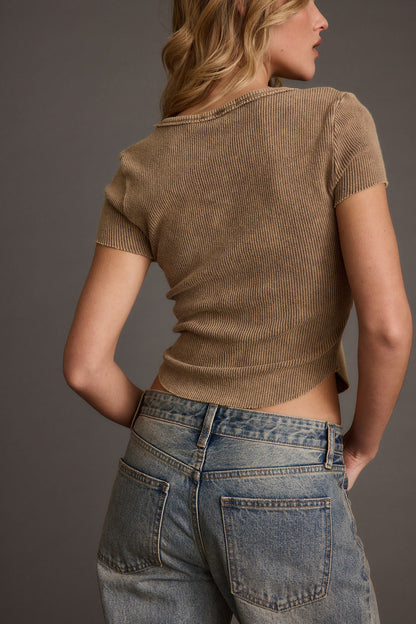 Nevada Washed Brown V-Neck Ribbed Cropped Top