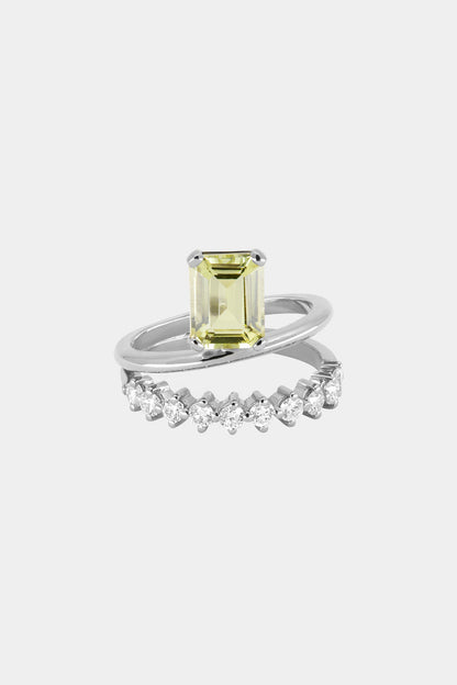 Double Band Buttercup Lemon Quartz Ring | White Gold