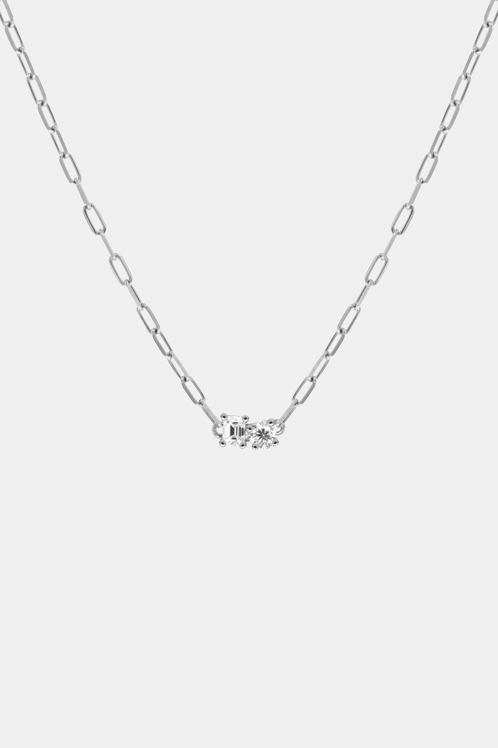 Emerald and Round Diamond Toi Et Moi Necklace | White Gold